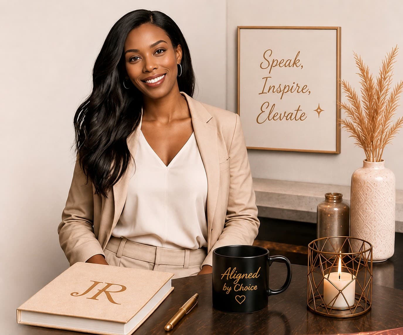 Jerica Richardson at her desk with her JR journal, an Aligned by Choice mug, and a lit candle